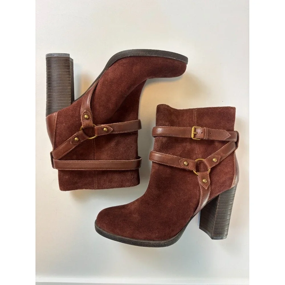 UGG Brown Suede Harness Ankle Boots Block Heel Size 8 Consign